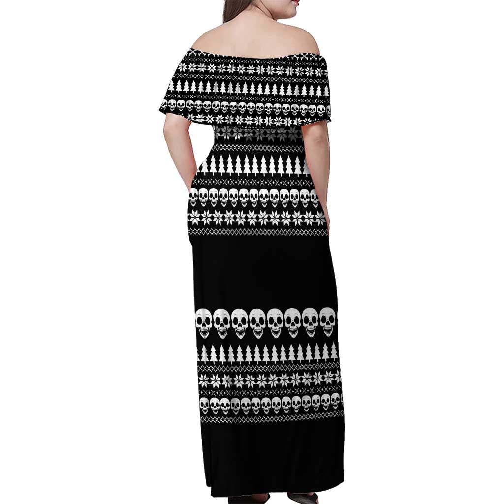 Creepy Christmas Family Matching Off Shoulder Maxi Dress and Hawaiian Shirt with Skulls Trees and Gothic Holiday Pattern - Wonder Print Shop
