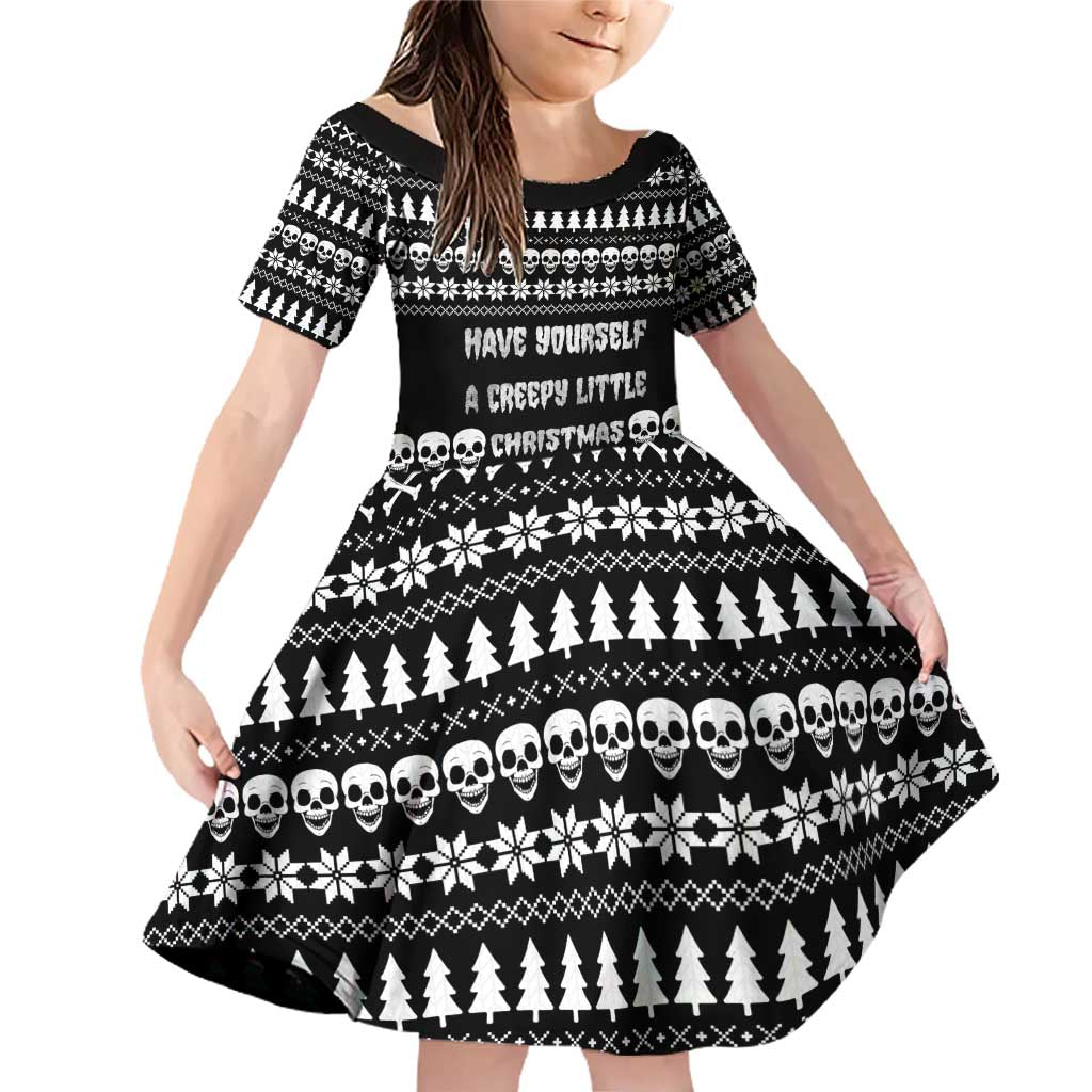 Creepy Christmas Family Matching Off Shoulder Short Dress and Hawaiian Shirt with Skulls Trees and Gothic Holiday Pattern - Wonder Print Shop