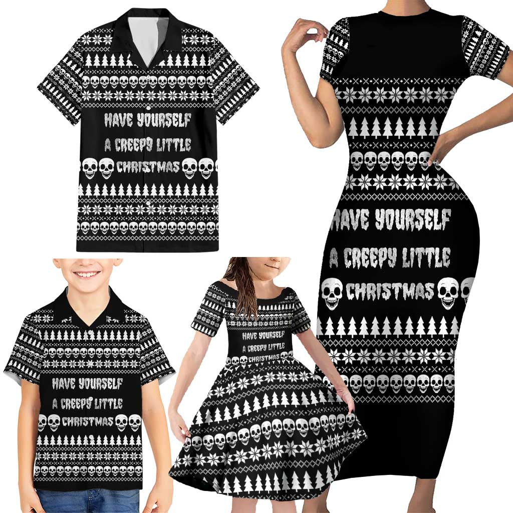 Creepy Christmas Family Matching Short Sleeve Bodycon Dress and Hawaiian Shirt with Skulls Trees and Gothic Holiday Pattern - Wonder Print Shop