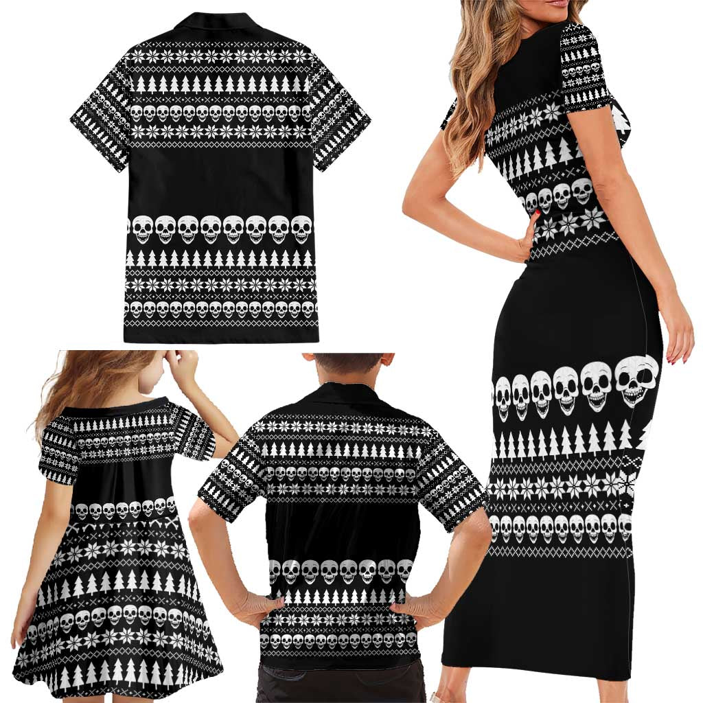 Creepy Christmas Family Matching Short Sleeve Bodycon Dress and Hawaiian Shirt with Skulls Trees and Gothic Holiday Pattern - Wonder Print Shop