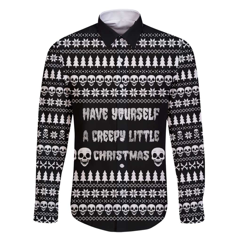 Creepy Christmas Family Matching Short Sleeve Bodycon Dress and Hawaiian Shirt with Skulls Trees and Gothic Holiday Pattern - Wonder Print Shop