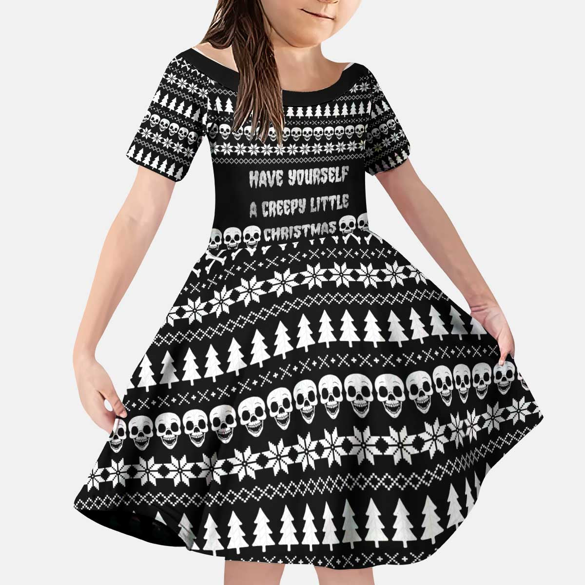 Creepy Christmas Kid Short Sleeve Dress with Skulls Trees and Gothic Holiday Pattern - Wonder Print Shop