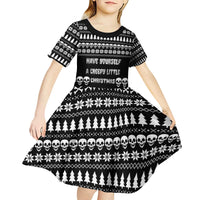 Creepy Christmas Kid Short Sleeve Dress with Skulls Trees and Gothic Holiday Pattern - Wonder Print Shop