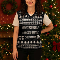 Creepy Christmas Knitted V-Neck Vest with Skulls Trees and Gothic Holiday Pattern - Wonder Print Shop