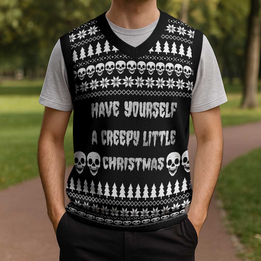 Creepy Christmas Knitted V-Neck Vest with Skulls Trees and Gothic Holiday Pattern - Wonder Print Shop