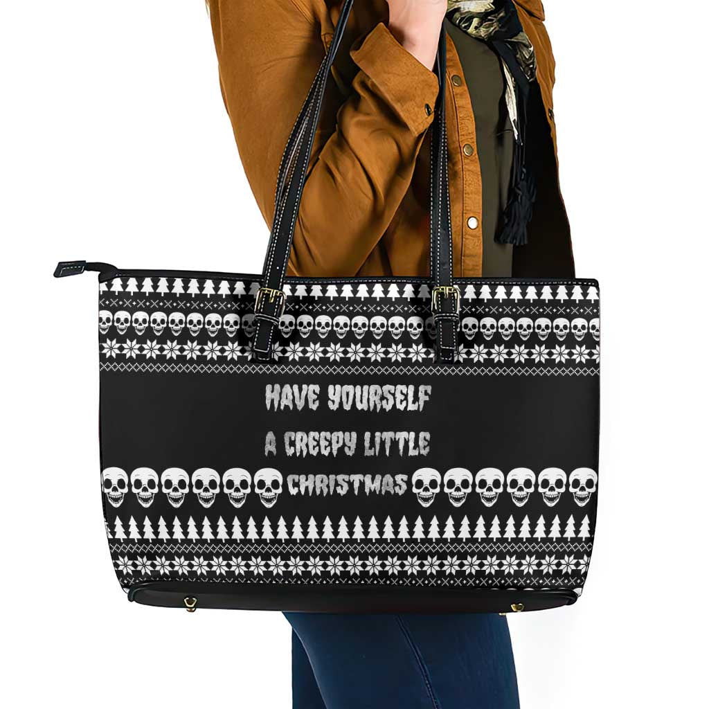 Creepy Christmas Leather Tote Bag with Skulls Trees and Gothic Holiday Pattern - Wonder Print Shop