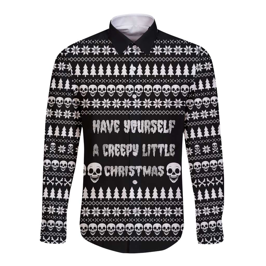 Creepy Christmas Long Sleeve Button Shirt with Skulls Trees and Gothic Holiday Pattern - Wonder Print Shop
