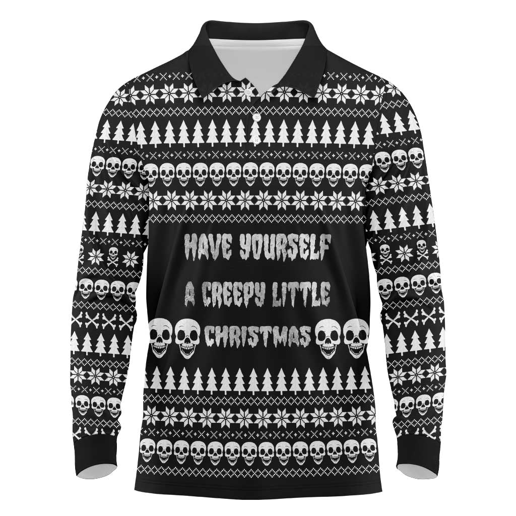 Creepy Christmas Long Sleeve Polo Shirt with Skulls Trees and Gothic Holiday Pattern - Wonder Print Shop