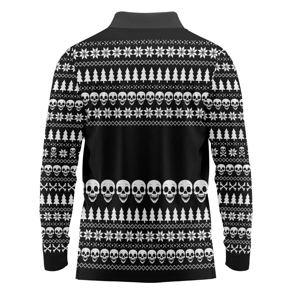 Creepy Christmas Long Sleeve Polo Shirt with Skulls Trees and Gothic Holiday Pattern - Wonder Print Shop