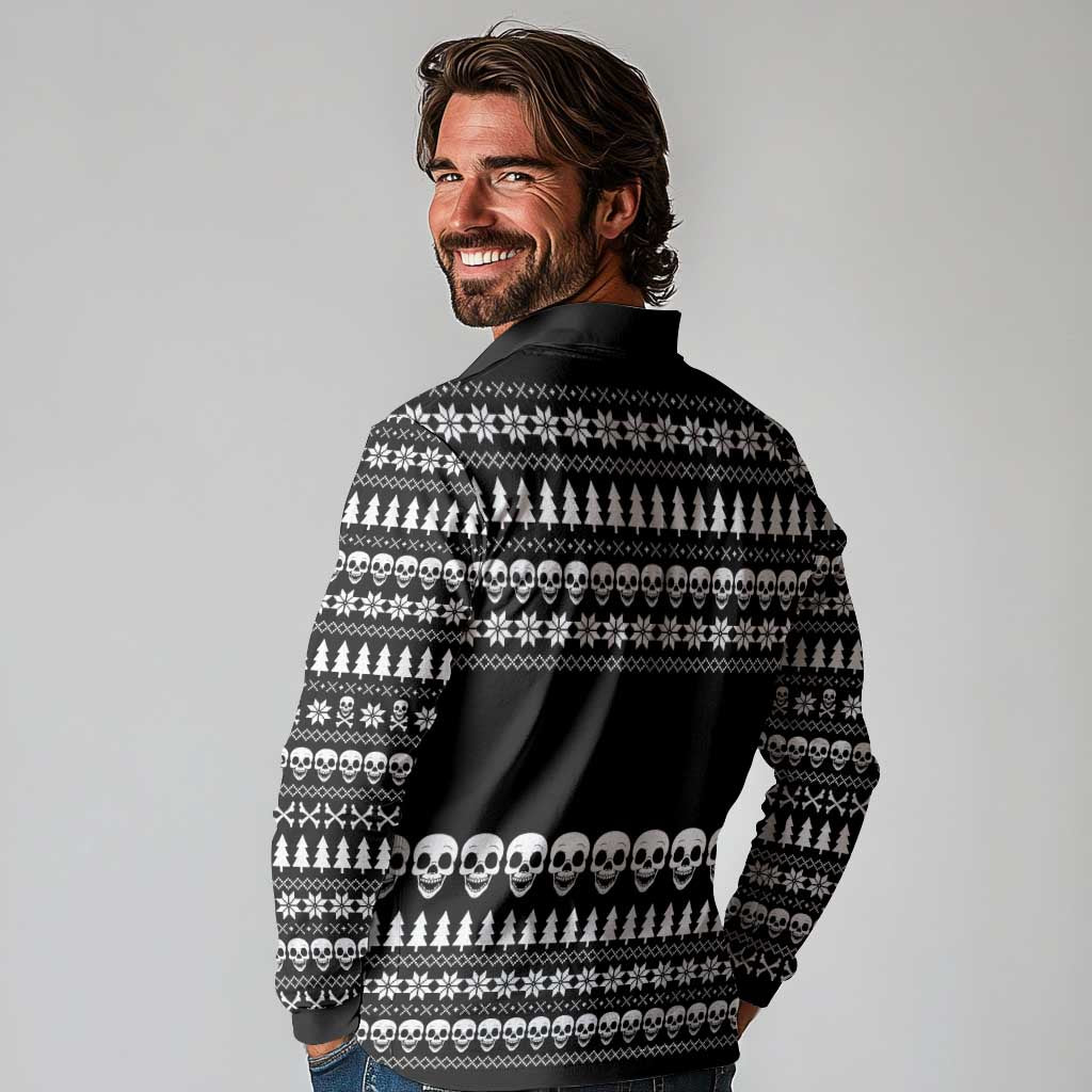 Creepy Christmas Long Sleeve Polo Shirt with Skulls Trees and Gothic Holiday Pattern - Wonder Print Shop