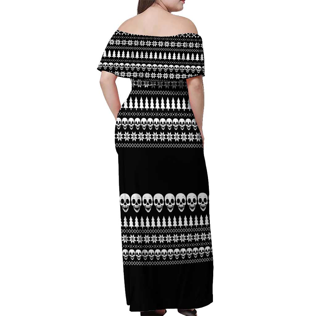 Creepy Christmas Off Shoulder Maxi Dress with Skulls Trees and Gothic Holiday Pattern - Wonder Print Shop