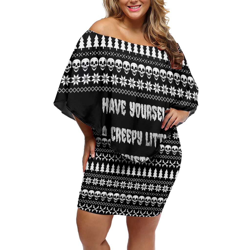 Creepy Christmas Off Shoulder Short Dress with Skulls Trees and Gothic Holiday Pattern - Wonder Print Shop
