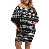 Creepy Christmas Off Shoulder Short Dress with Skulls Trees and Gothic Holiday Pattern - Wonder Print Shop