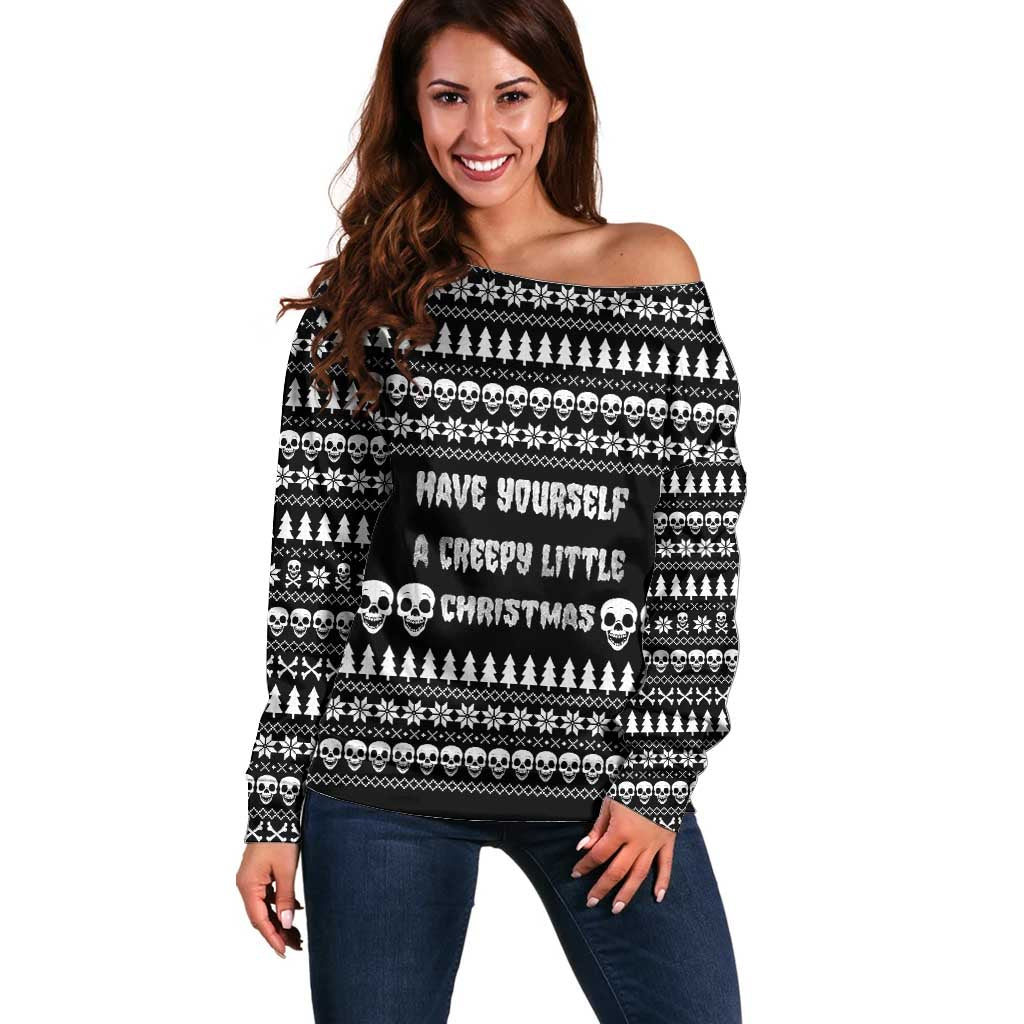 Creepy Christmas Off Shoulder Sweater with Skulls Trees and Gothic Holiday Pattern - Wonder Print Shop