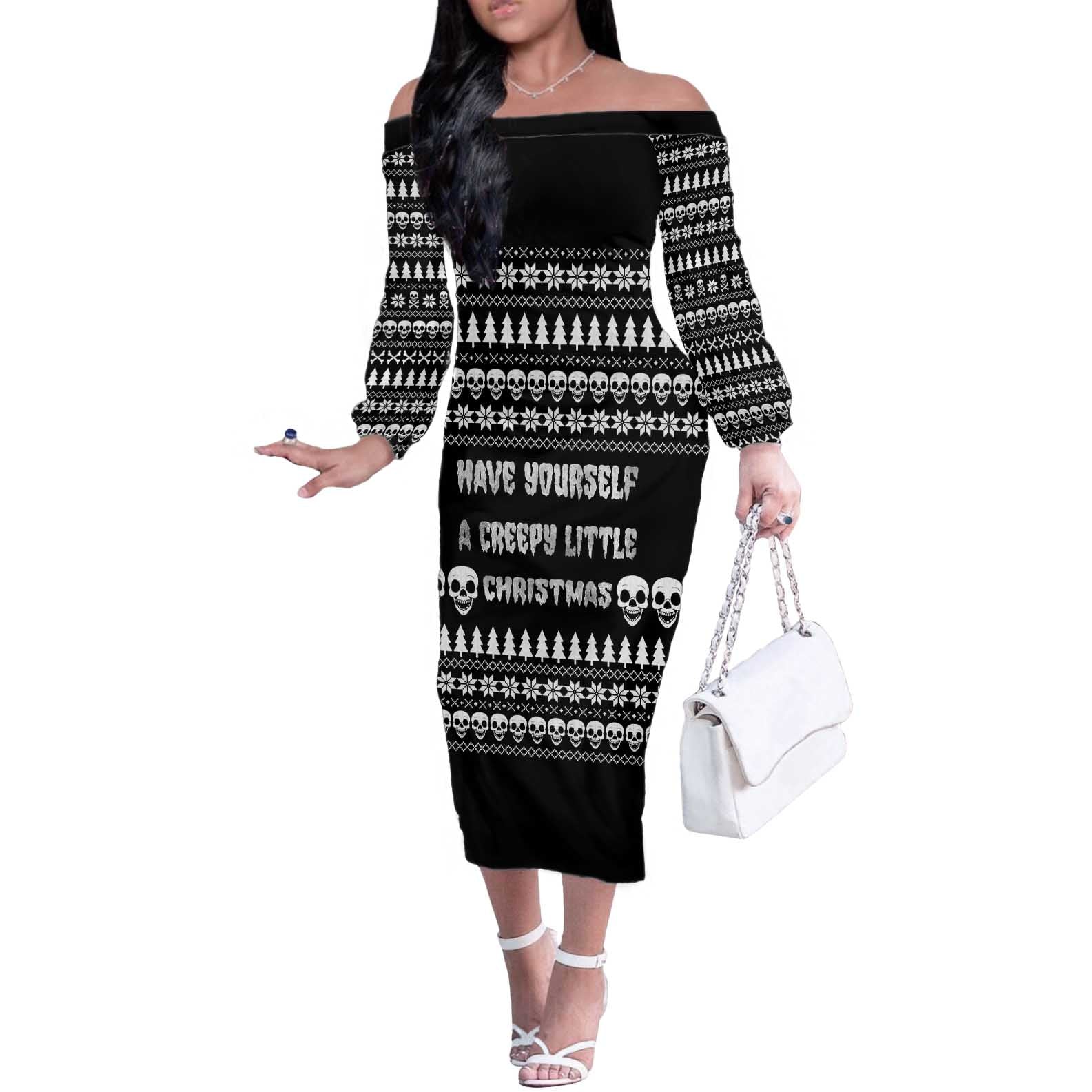 Creepy Christmas Off The Shoulder Long Sleeve Dress with Skulls Trees and Gothic Holiday Pattern - Wonder Print Shop