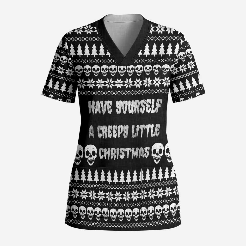 Creepy Christmas Scrub Top with Skulls Trees and Gothic Holiday Pattern - Wonder Print Shop