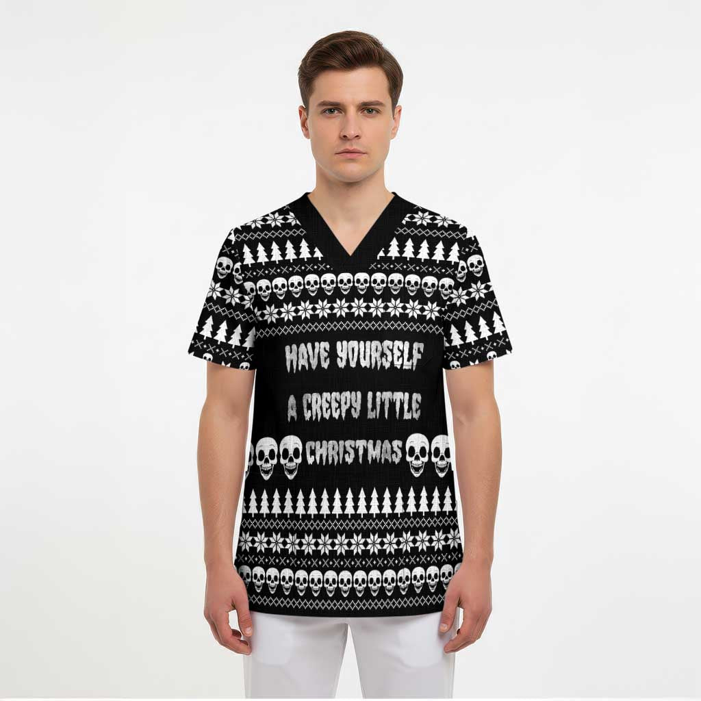 Creepy Christmas Scrub Top with Skulls Trees and Gothic Holiday Pattern - Wonder Print Shop