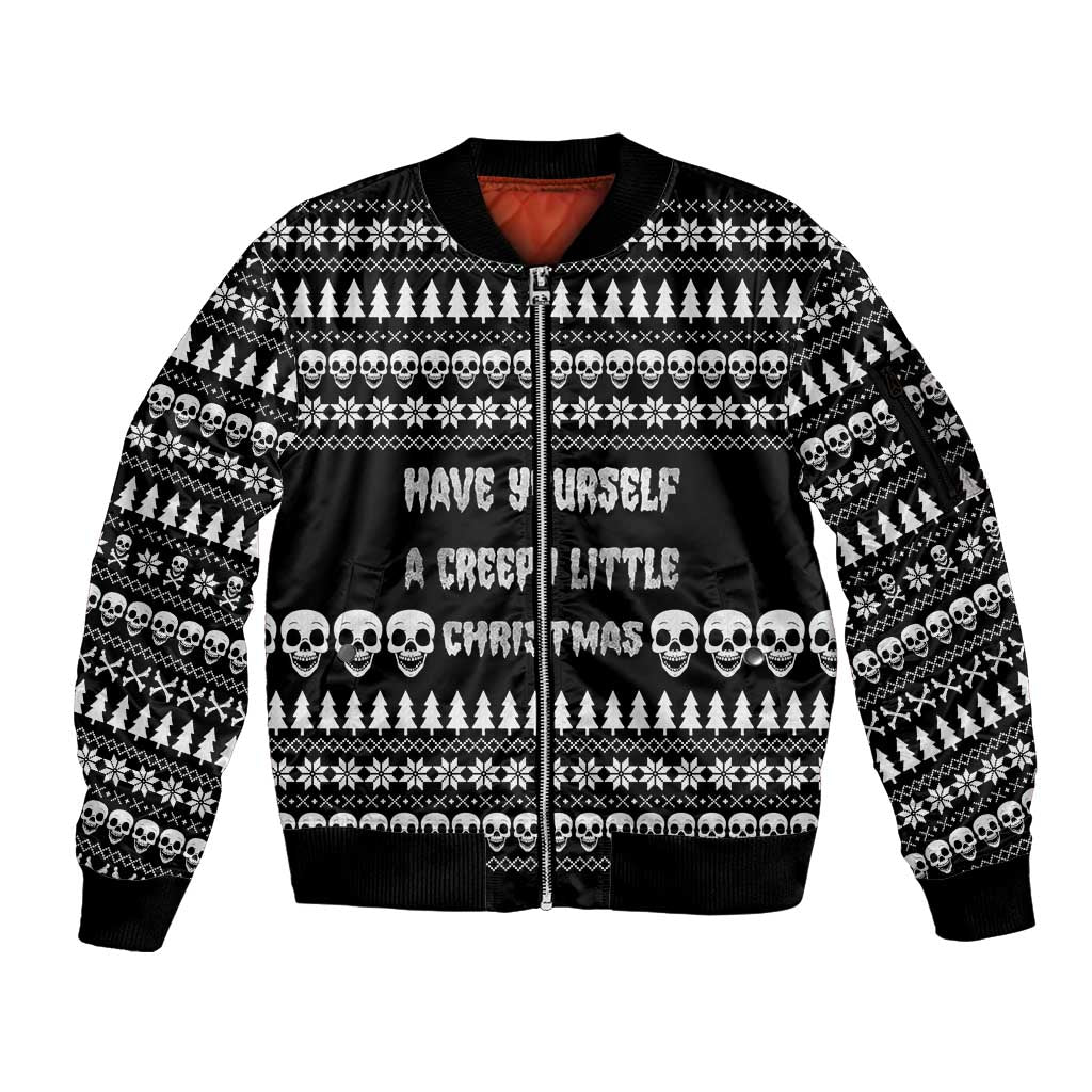 Creepy Christmas Sleeve Zip Bomber Jacket with Skulls Trees and Gothic Holiday Pattern - Wonder Print Shop