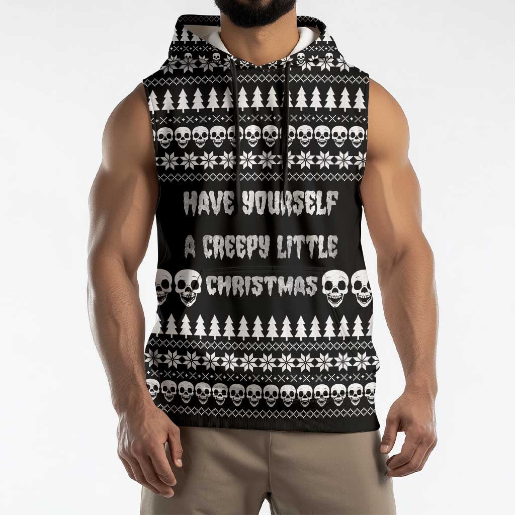 Creepy Christmas Sleeveless Hoodie with Skulls Trees and Gothic Holiday Pattern - Wonder Print Shop