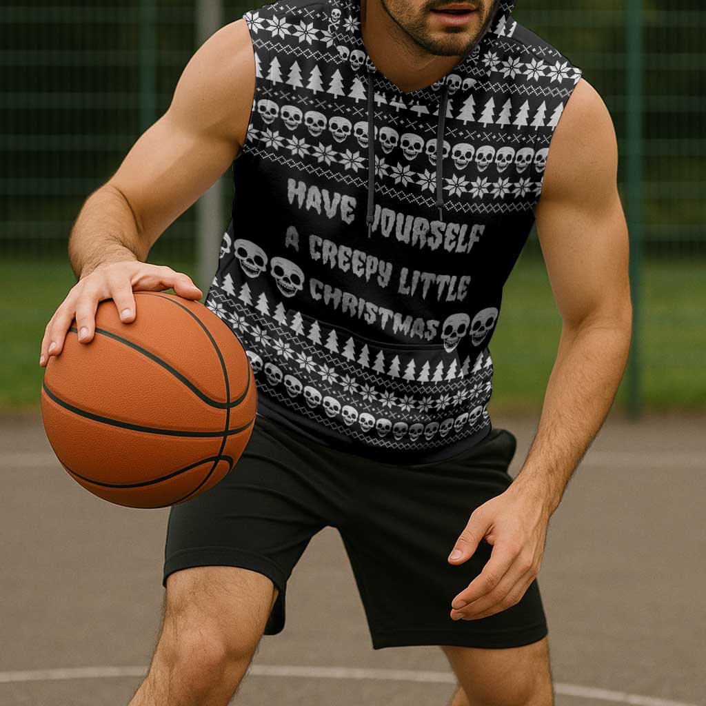 Creepy Christmas Sleeveless Hoodie with Skulls Trees and Gothic Holiday Pattern - Wonder Print Shop