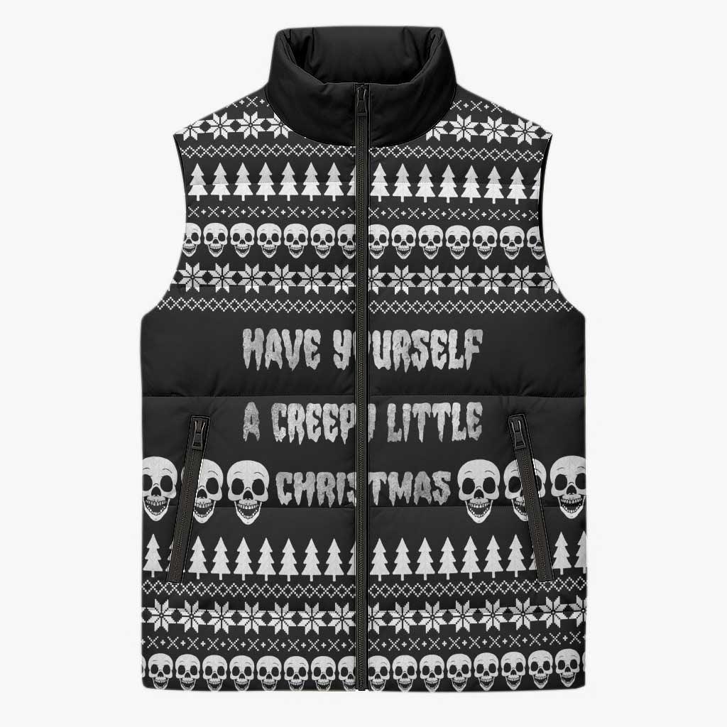 Creepy Christmas Sleeveless Puffer Jacket with Skulls Trees and Gothic Holiday Pattern - Wonder Print Shop