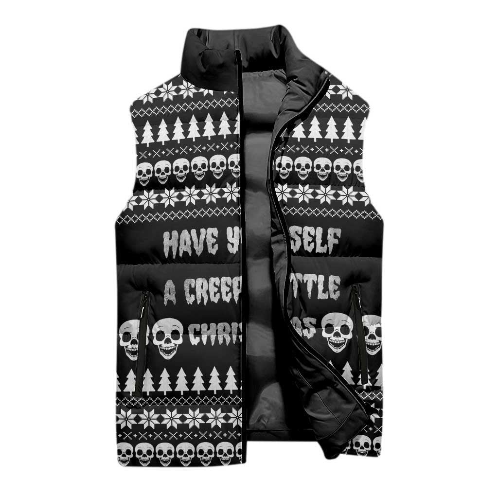 Creepy Christmas Sleeveless Puffer Jacket with Skulls Trees and Gothic Holiday Pattern - Wonder Print Shop