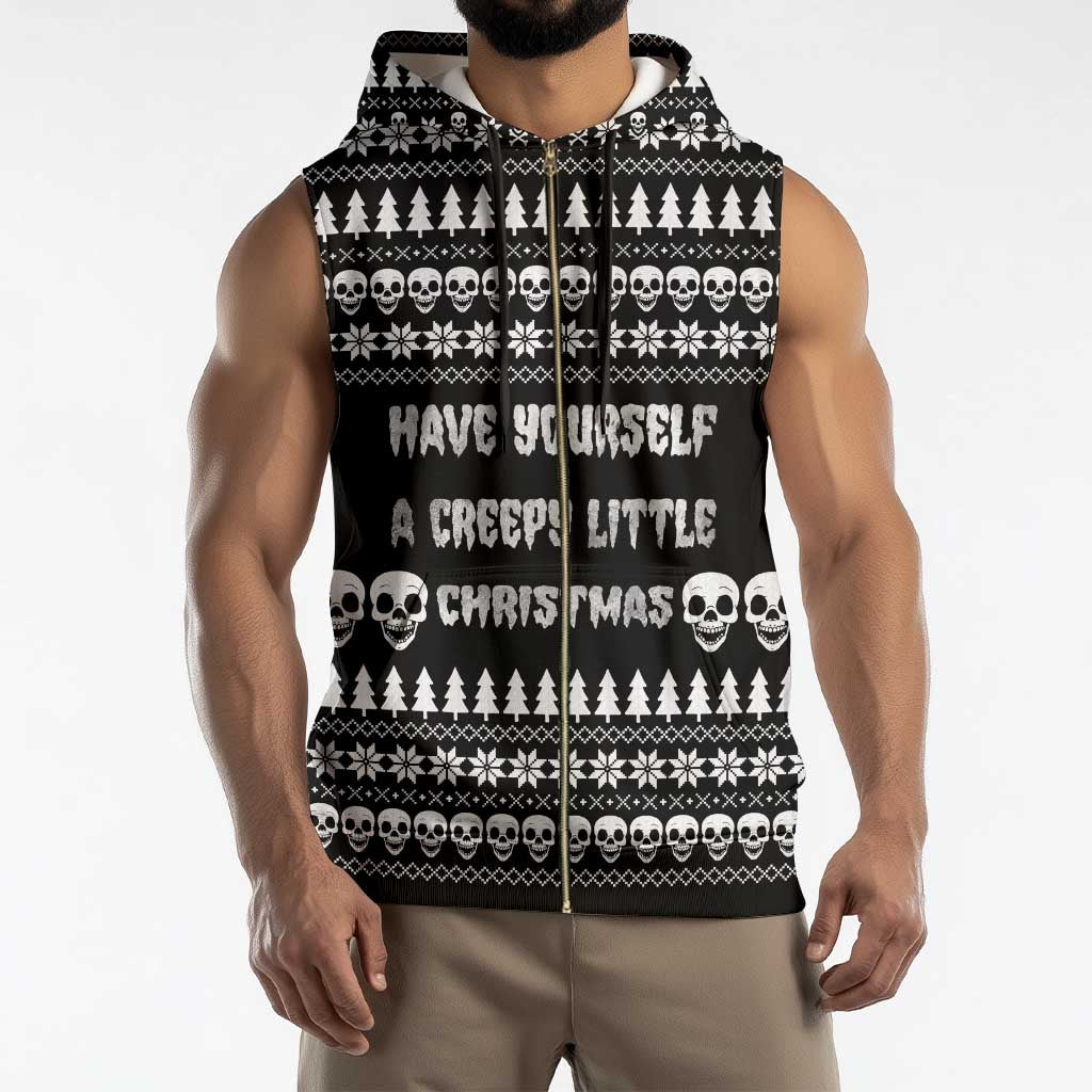 Creepy Christmas Sleeveless Zip Hoodie with Skulls Trees and Gothic Holiday Pattern - Wonder Print Shop