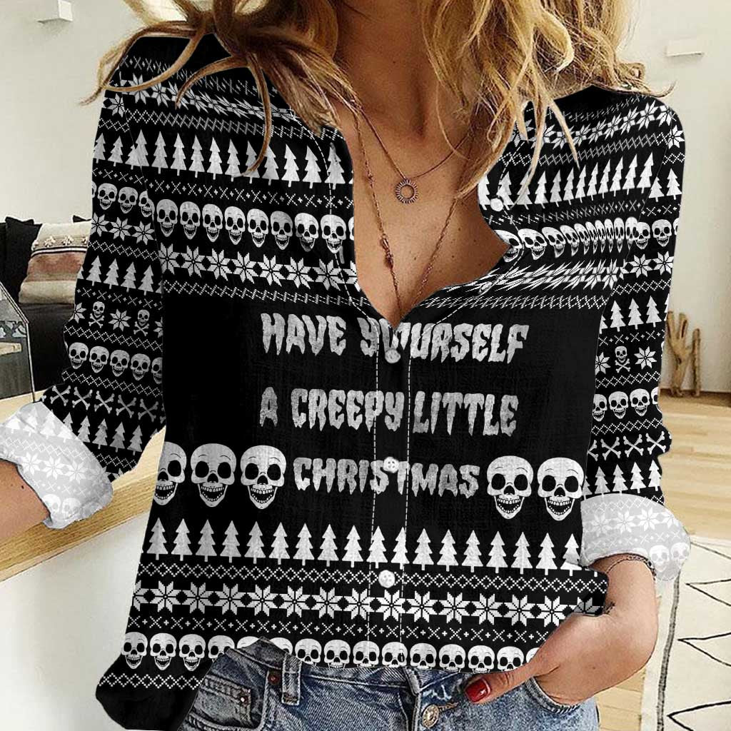 Creepy Christmas Women Casual Shirt with Skulls Trees and Gothic Holiday Pattern - Wonder Print Shop