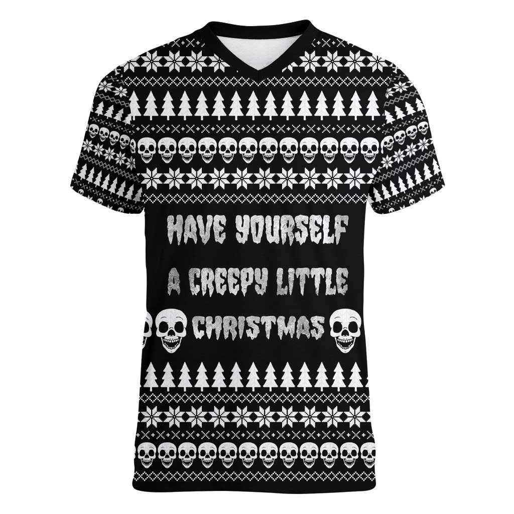 Creepy Christmas Women V-Neck T-Shirt with Skulls Trees and Gothic Holiday Pattern - Wonder Print Shop