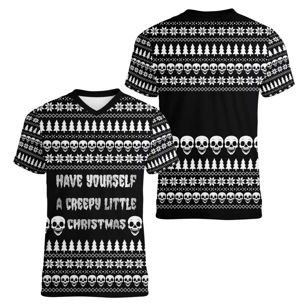 Creepy Christmas Women V-Neck T-Shirt with Skulls Trees and Gothic Holiday Pattern - Wonder Print Shop