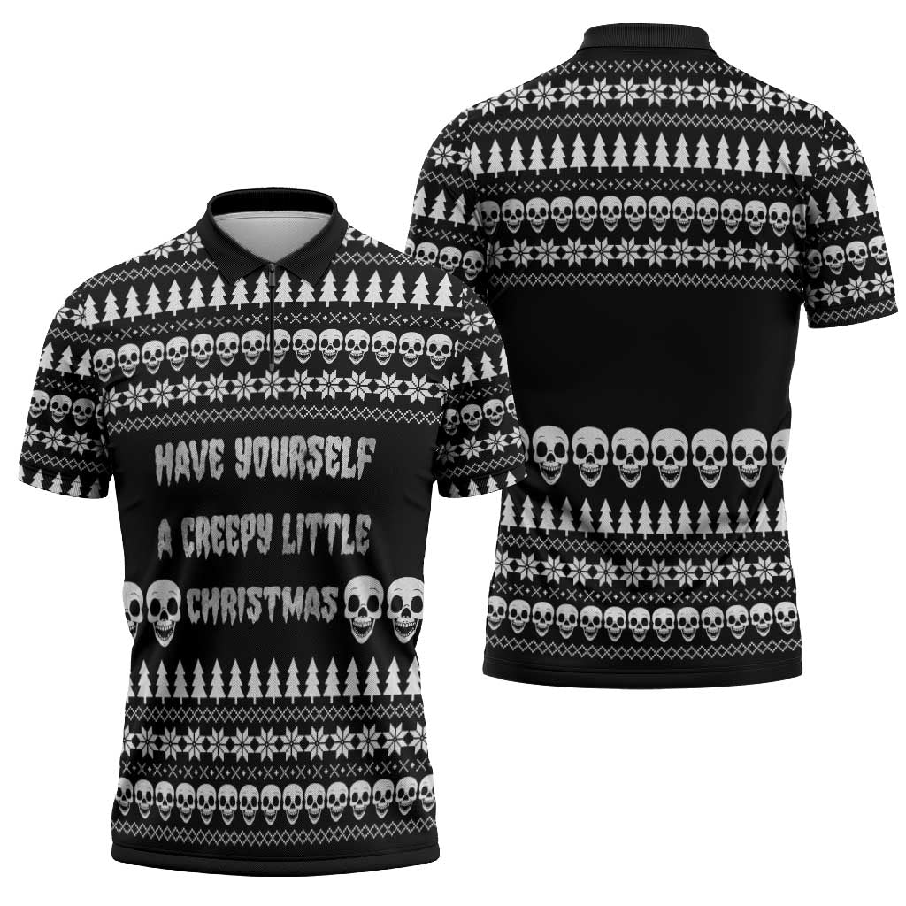 Creepy Christmas Zipper Polo Shirt with Skulls Trees and Gothic Holiday Pattern - Wonder Print Shop