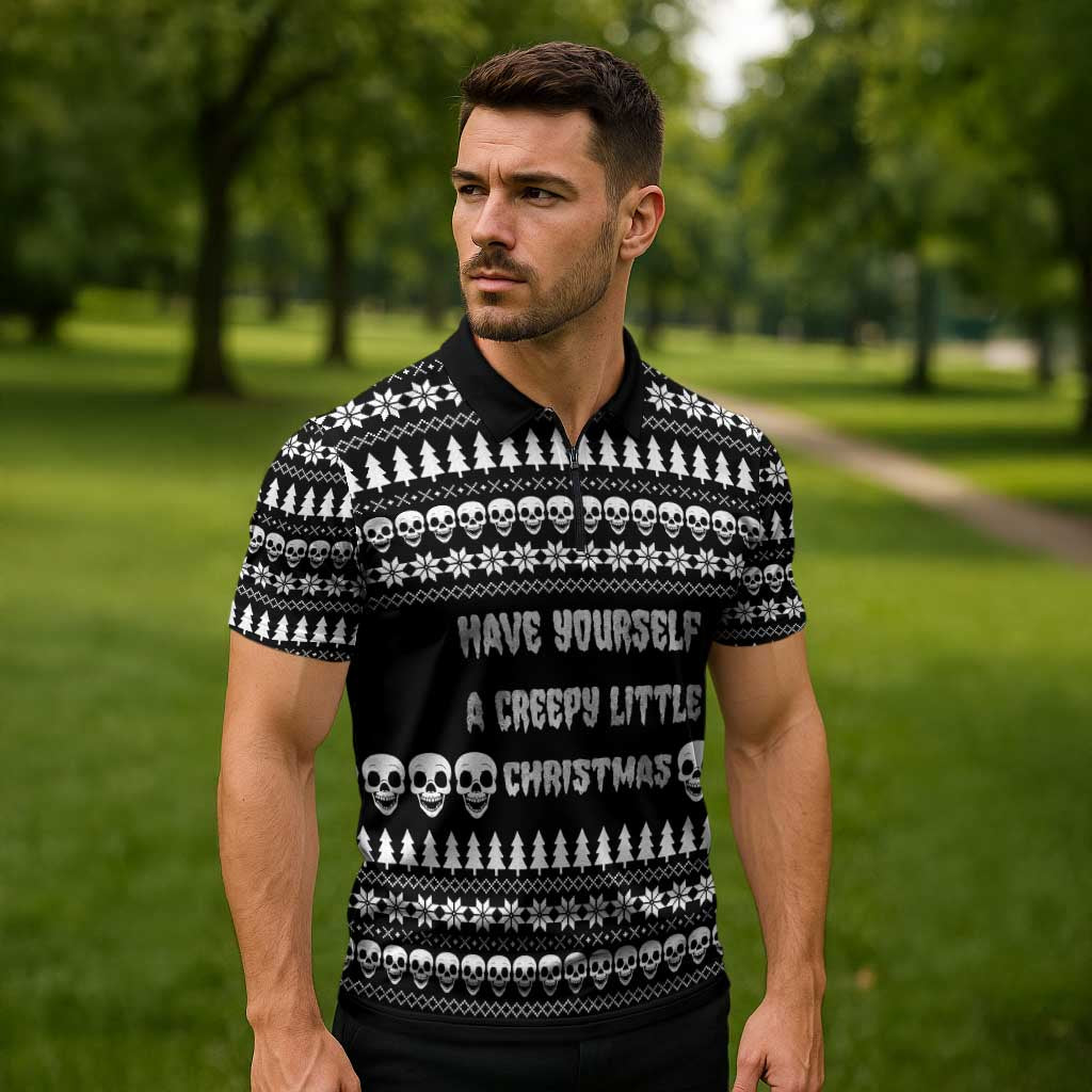 Creepy Christmas Zipper Polo Shirt with Skulls Trees and Gothic Holiday Pattern - Wonder Print Shop