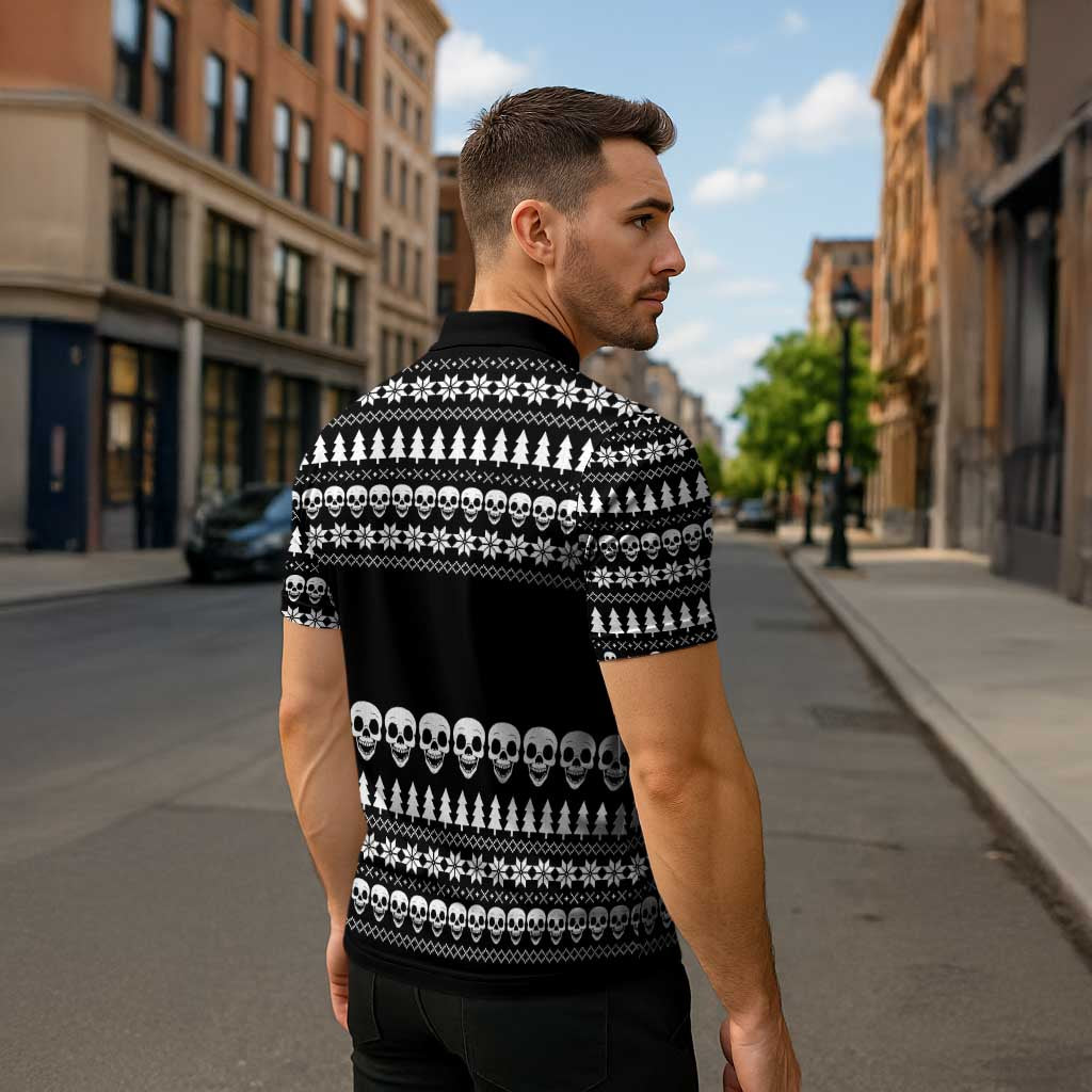 Creepy Christmas Zipper Polo Shirt with Skulls Trees and Gothic Holiday Pattern - Wonder Print Shop
