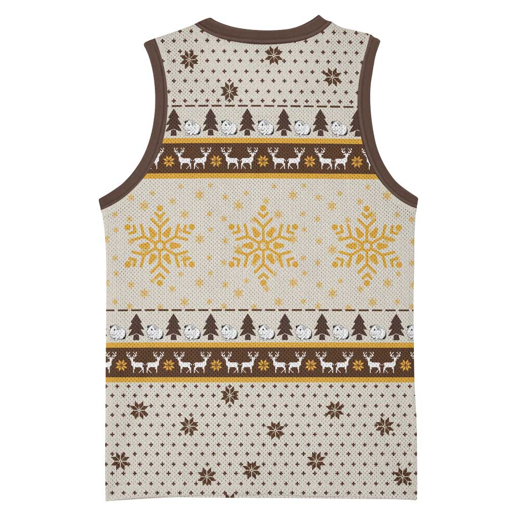 Guinea Pig Christmas Basketball Jersey with Snowflakes Trees and Reindeer Pattern - Wonder Print Shop