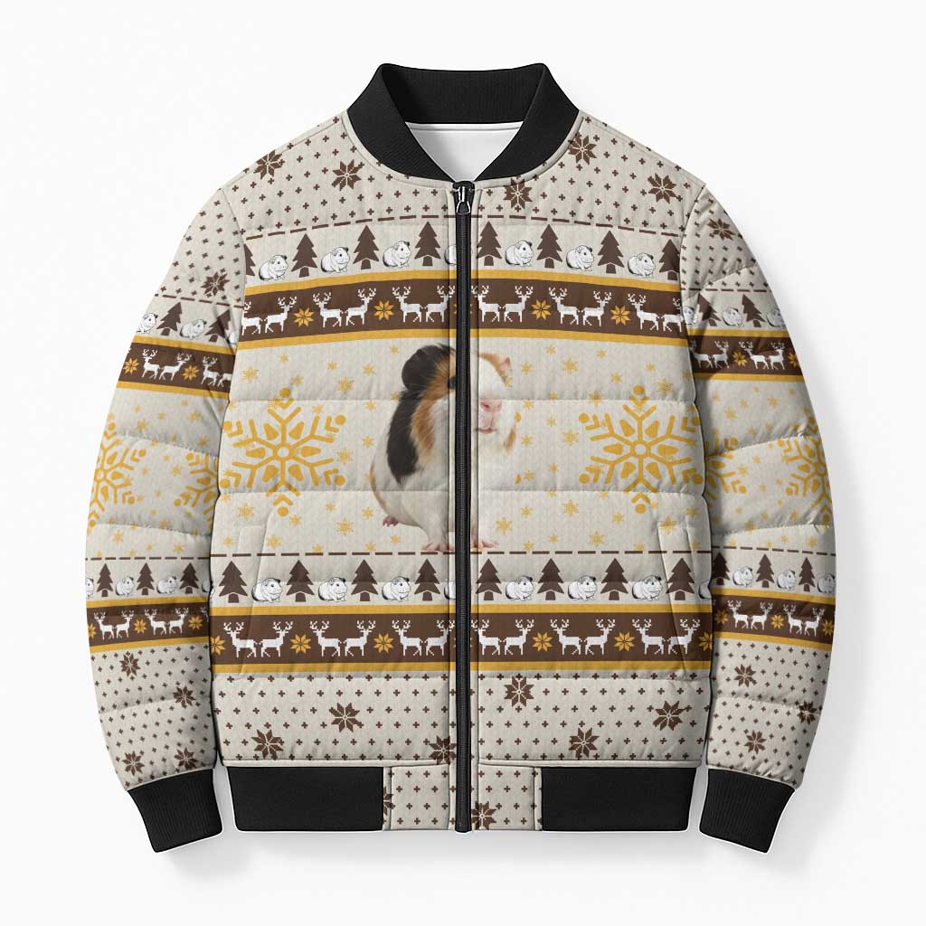 Guinea Pig Christmas Bomber Puffer Jacket with Snowflakes Trees and Reindeer Pattern - Wonder Print Shop