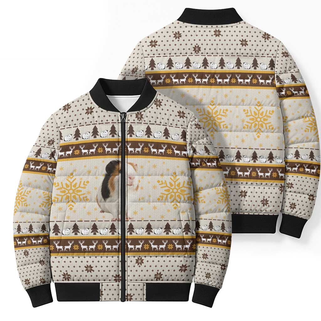 Guinea Pig Christmas Bomber Puffer Jacket with Snowflakes Trees and Reindeer Pattern - Wonder Print Shop