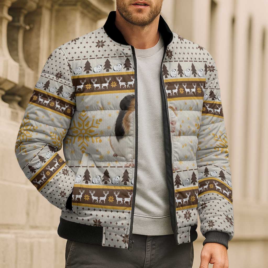 Guinea Pig Christmas Bomber Puffer Jacket with Snowflakes Trees and Reindeer Pattern - Wonder Print Shop