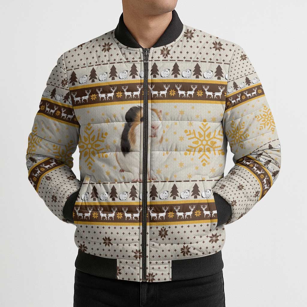 Guinea Pig Christmas Bomber Puffer Jacket with Snowflakes Trees and Reindeer Pattern - Wonder Print Shop