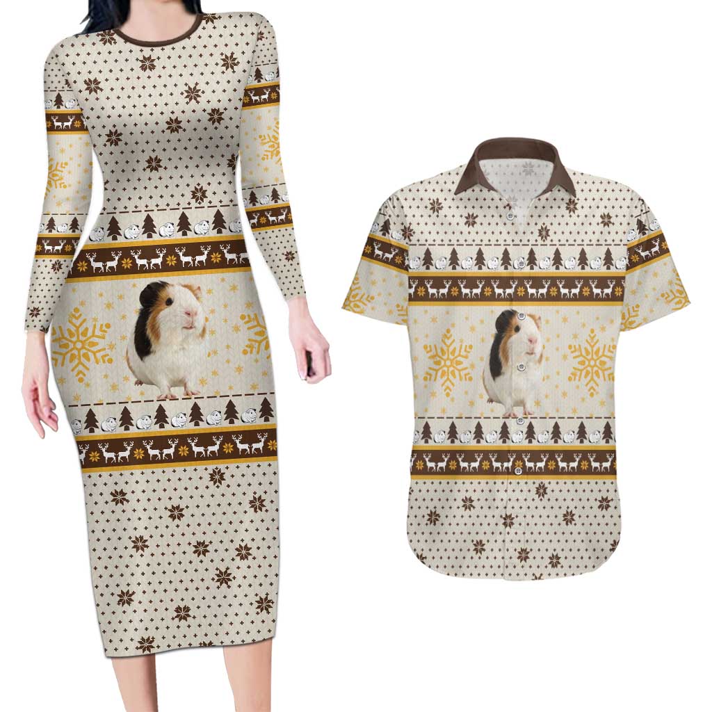 Guinea Pig Christmas Couples Matching Long Sleeve Bodycon Dress and Hawaiian Shirt with Snowflakes Trees and Reindeer Pattern - Wonder Print Shop