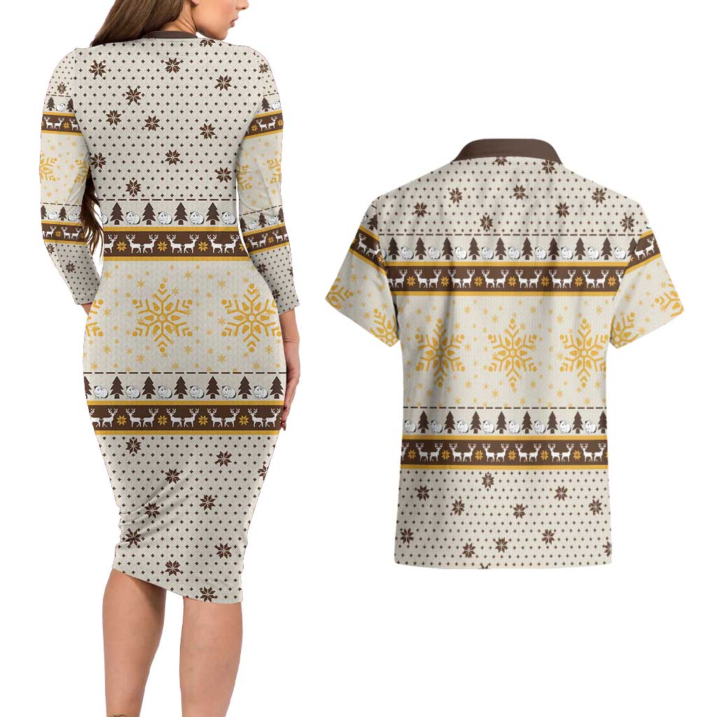 Guinea Pig Christmas Couples Matching Long Sleeve Bodycon Dress and Hawaiian Shirt with Snowflakes Trees and Reindeer Pattern - Wonder Print Shop