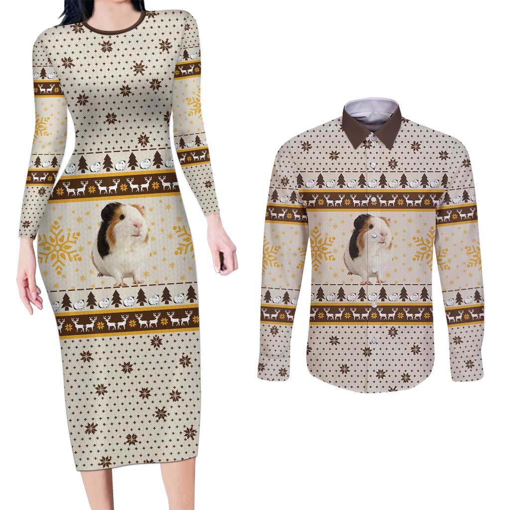 Guinea Pig Christmas Couples Matching Long Sleeve Bodycon Dress and Long Sleeve Button Shirt with Snowflakes Trees and Reindeer Pattern - Wonder Print Shop