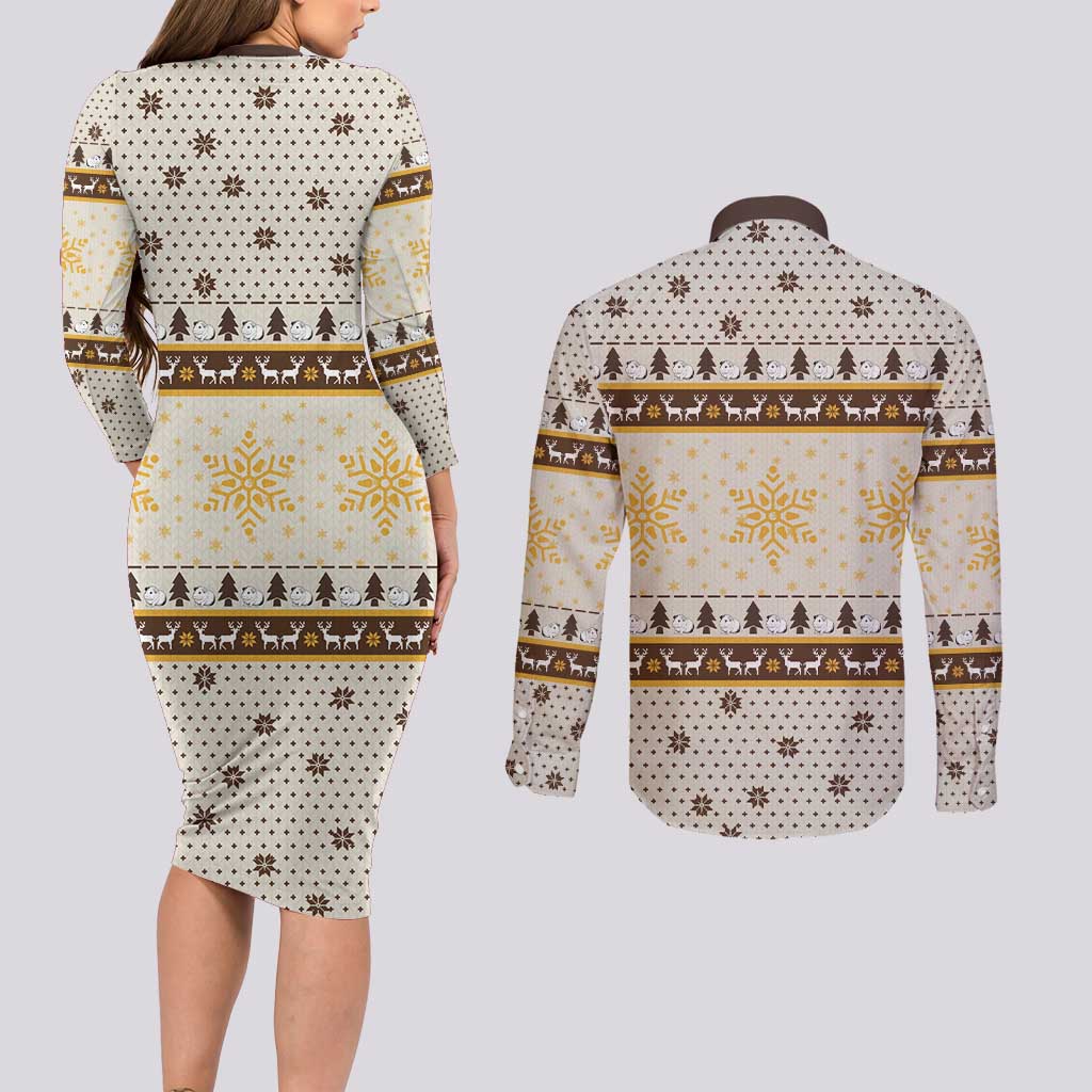 Guinea Pig Christmas Couples Matching Long Sleeve Bodycon Dress and Long Sleeve Button Shirt with Snowflakes Trees and Reindeer Pattern - Wonder Print Shop