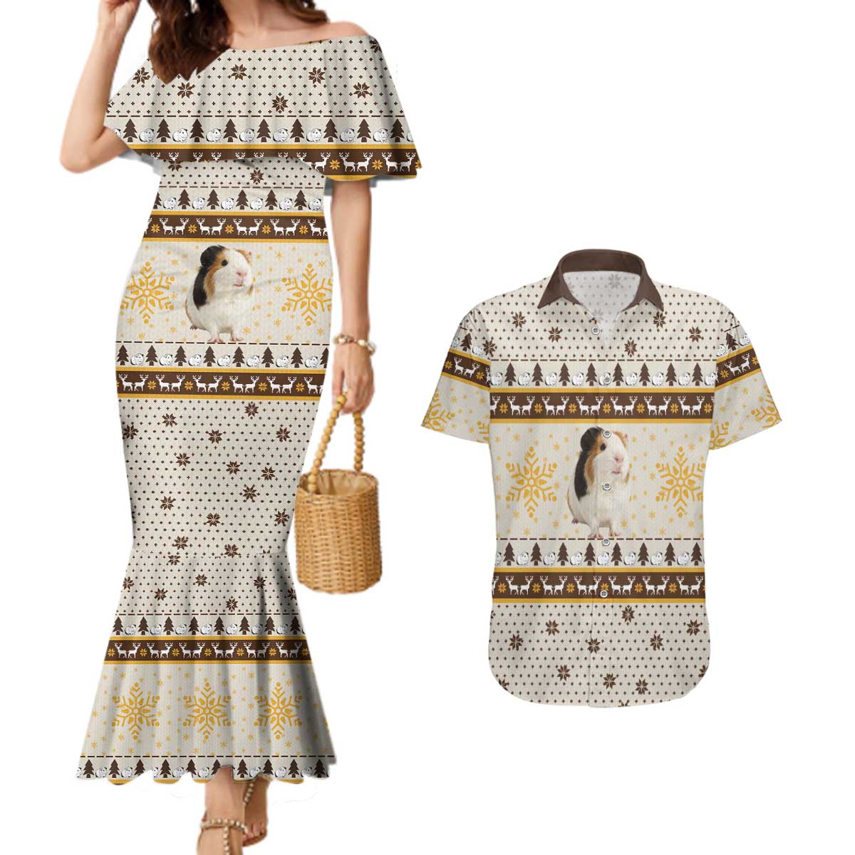 Guinea Pig Christmas Couples Matching Mermaid Dress and Hawaiian Shirt with Snowflakes Trees and Reindeer Pattern - Wonder Print Shop