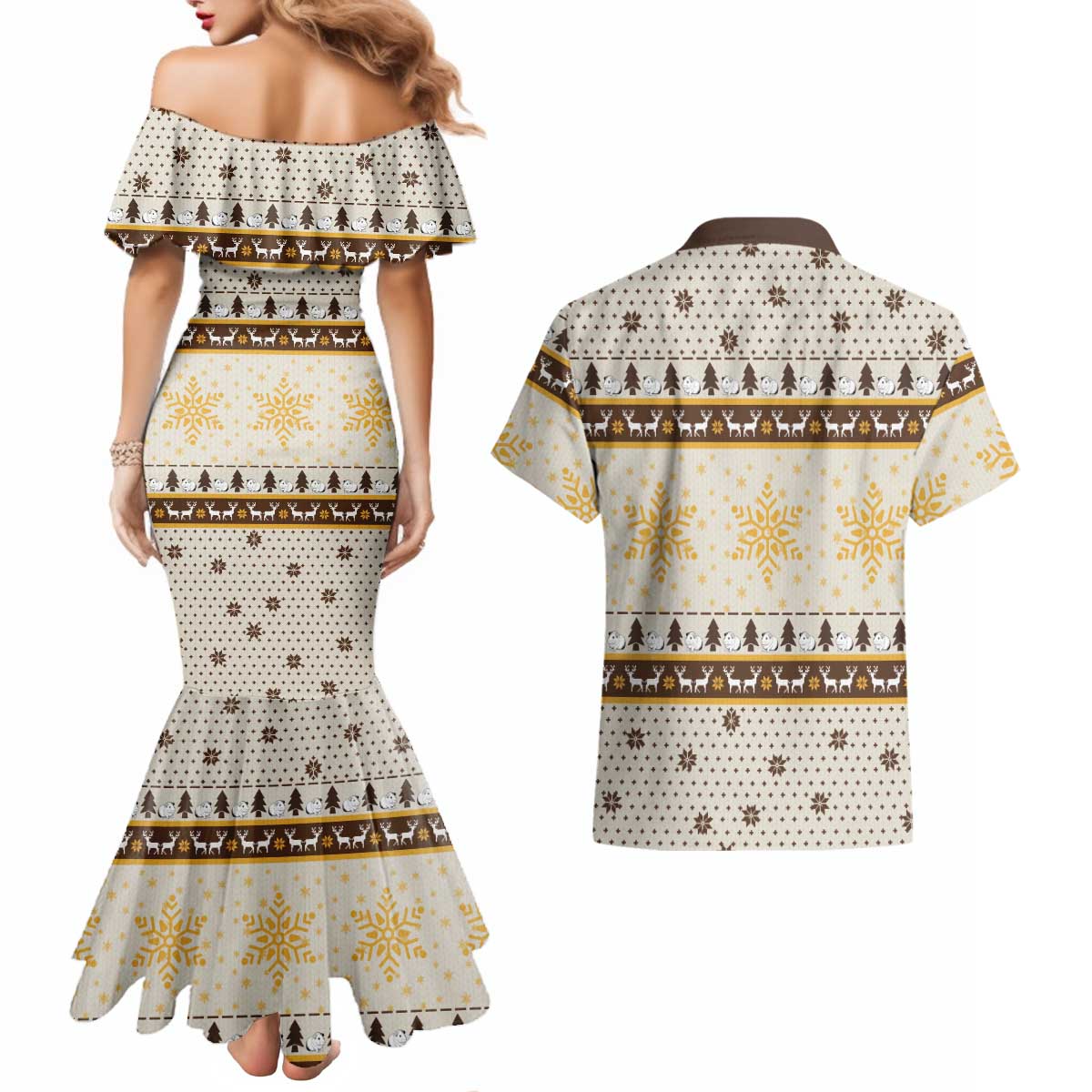 Guinea Pig Christmas Couples Matching Mermaid Dress and Hawaiian Shirt with Snowflakes Trees and Reindeer Pattern - Wonder Print Shop