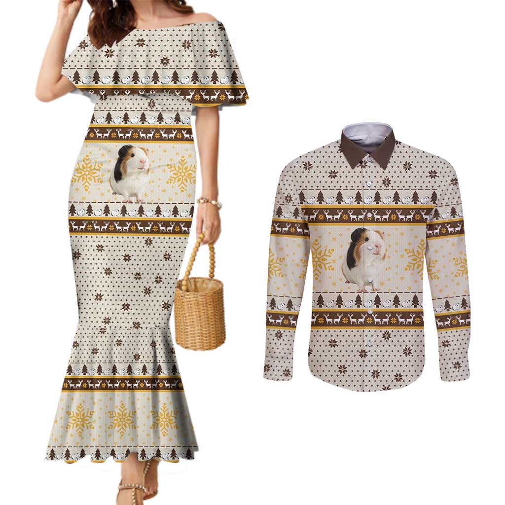 Guinea Pig Christmas Couples Matching Mermaid Dress and Long Sleeve Button Shirt with Snowflakes Trees and Reindeer Pattern - Wonder Print Shop