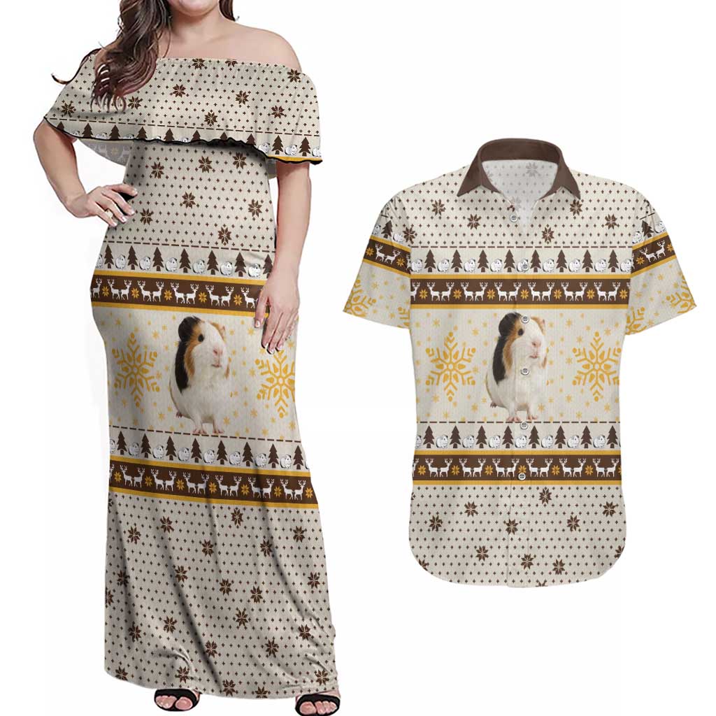 Guinea Pig Christmas Couples Matching Off Shoulder Maxi Dress and Hawaiian Shirt with Snowflakes Trees and Reindeer Pattern - Wonder Print Shop