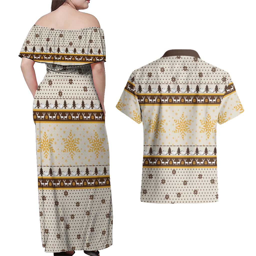 Guinea Pig Christmas Couples Matching Off Shoulder Maxi Dress and Hawaiian Shirt with Snowflakes Trees and Reindeer Pattern - Wonder Print Shop