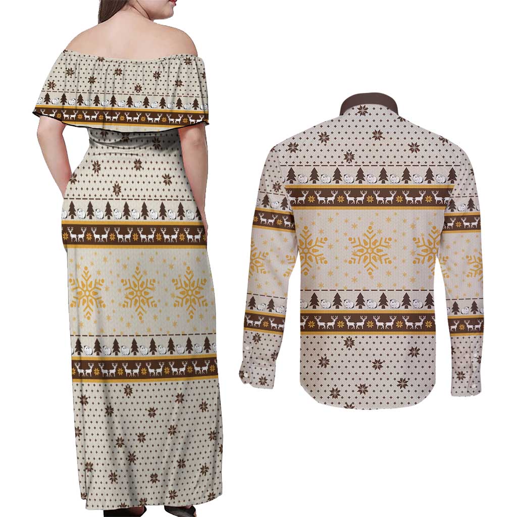 Guinea Pig Christmas Couples Matching Off Shoulder Maxi Dress and Long Sleeve Button Shirt with Snowflakes Trees and Reindeer Pattern - Wonder Print Shop