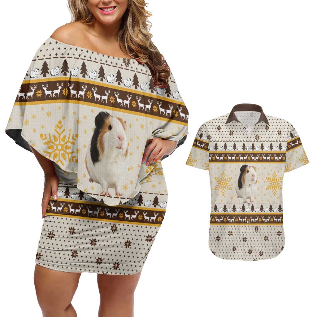 Guinea Pig Christmas Couples Matching Off Shoulder Short Dress and Hawaiian Shirt with Snowflakes Trees and Reindeer Pattern - Wonder Print Shop