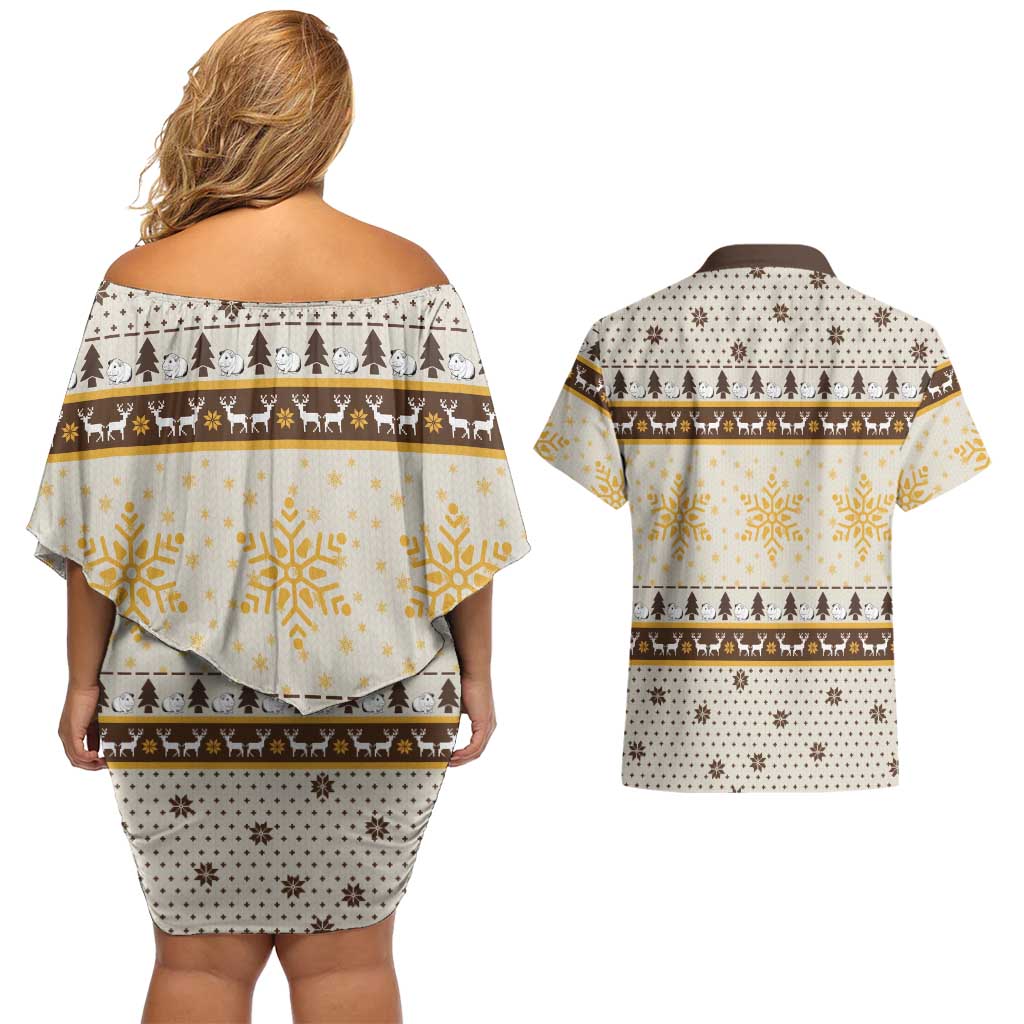 Guinea Pig Christmas Couples Matching Off Shoulder Short Dress and Hawaiian Shirt with Snowflakes Trees and Reindeer Pattern - Wonder Print Shop